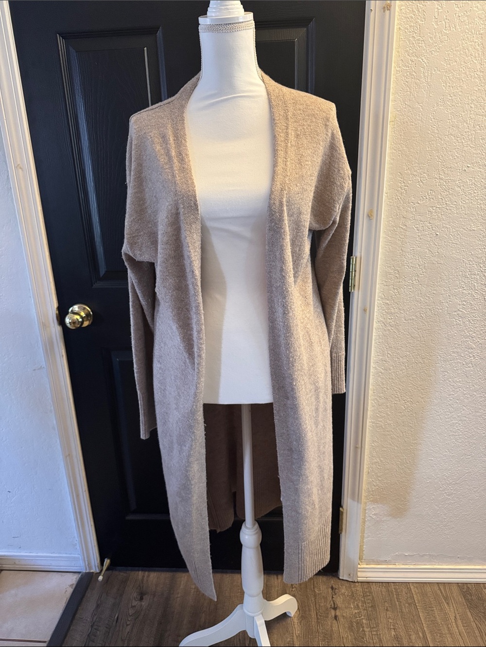 Black Tape_ Open-Front Long Cardigan in Taupe